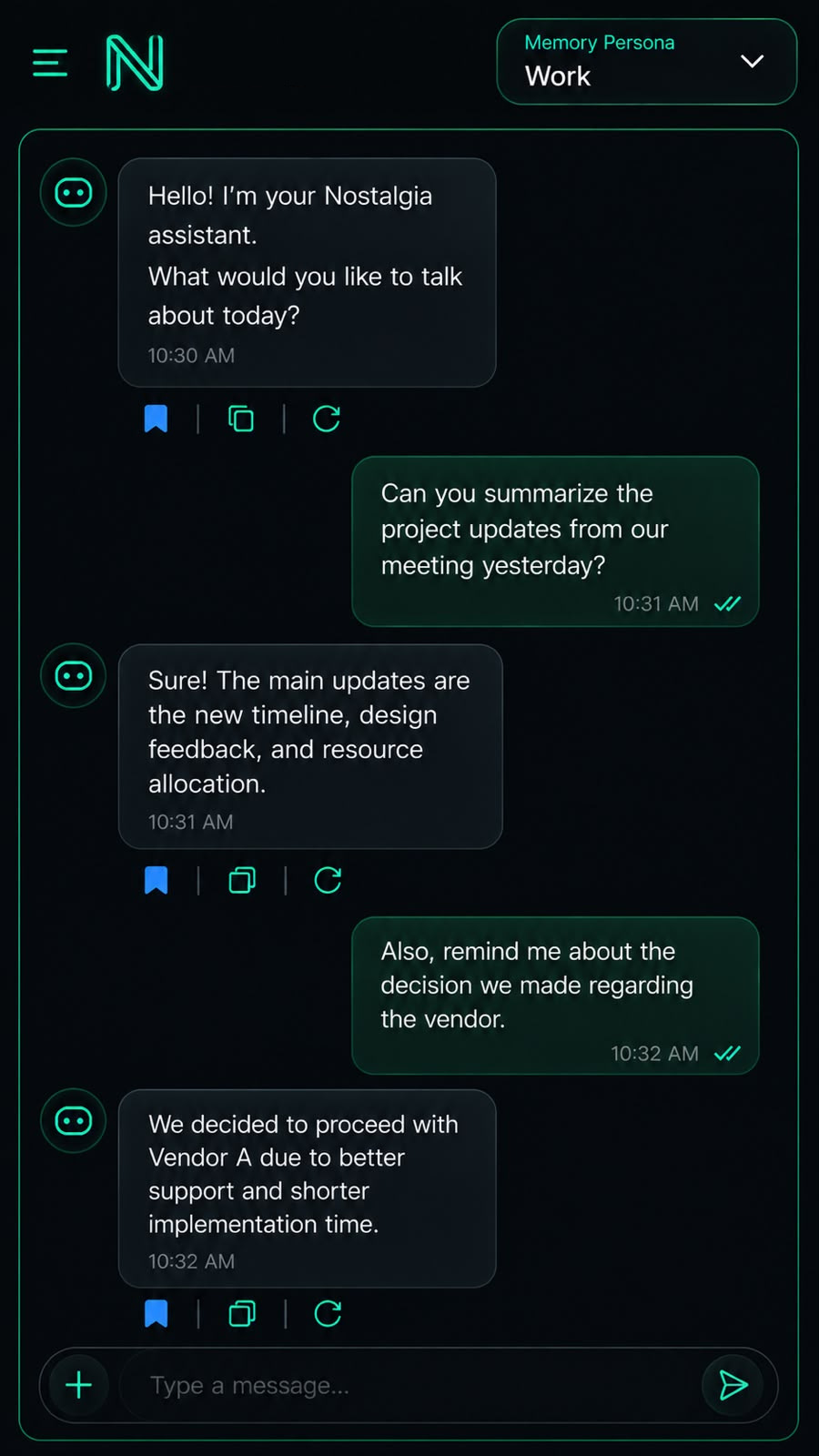 Nostalgia memory-aware chat answering what we decided